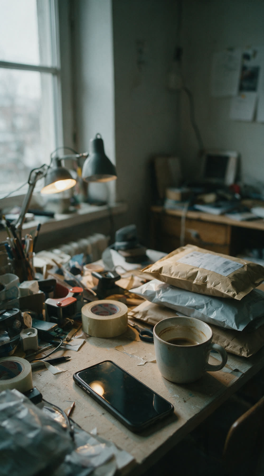 A workbench at first light: a phone face down beside a cold mug and a stack of unsent parcels.
